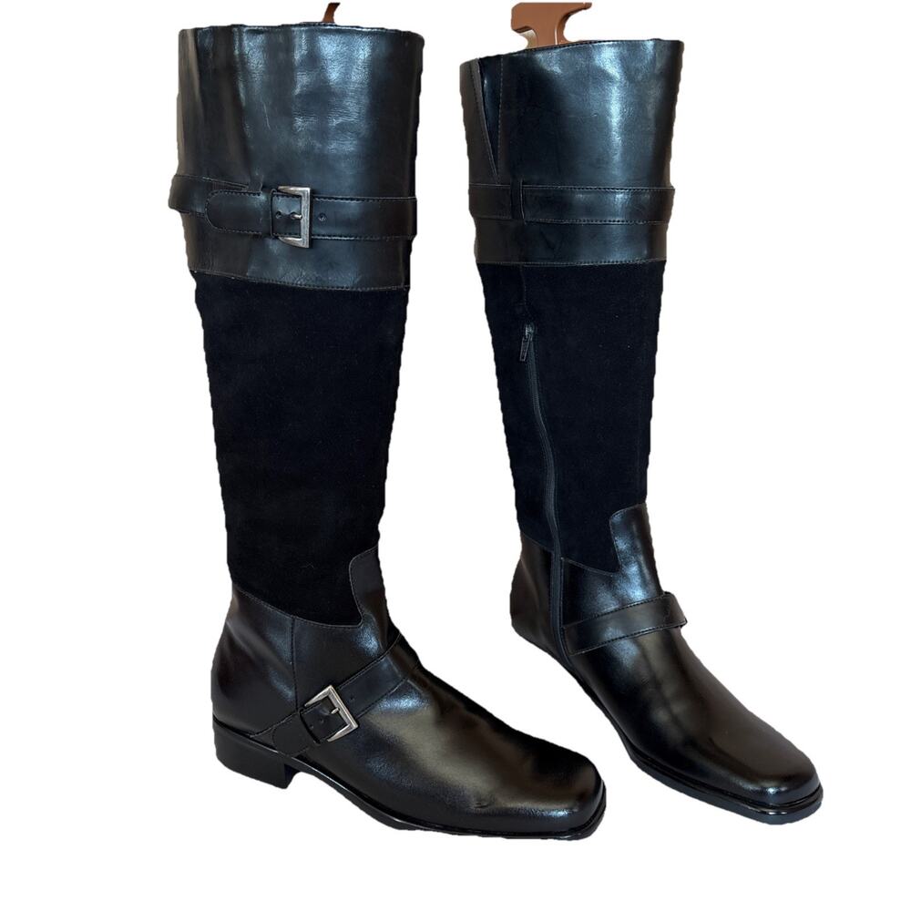 New Worthington Black Leather Suede Black Riding Boots Size 8M Brazil Goth Biker